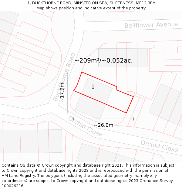 1, BUCKTHORNE ROAD, MINSTER ON SEA, SHEERNESS, ME12 3RA: Plot and title map