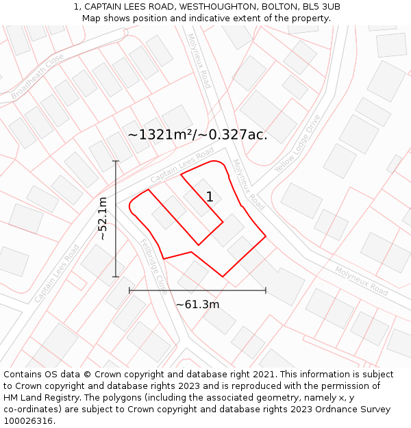 1, CAPTAIN LEES ROAD, WESTHOUGHTON, BOLTON, BL5 3UB: Plot and title map