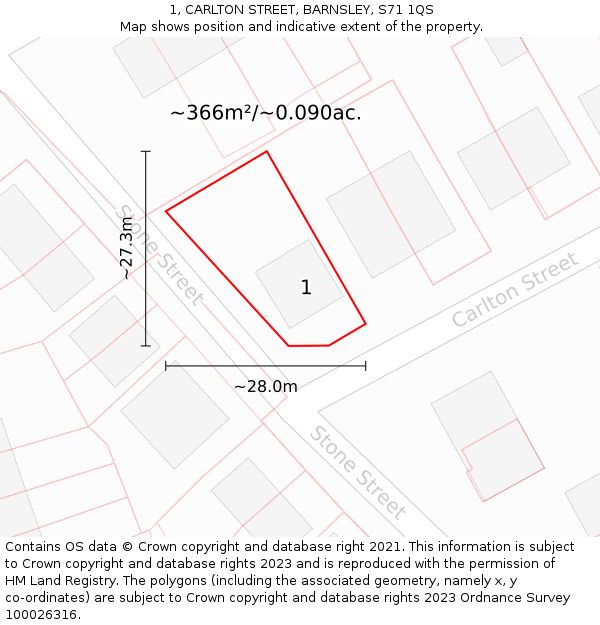 1, CARLTON STREET, BARNSLEY, S71 1QS: Plot and title map