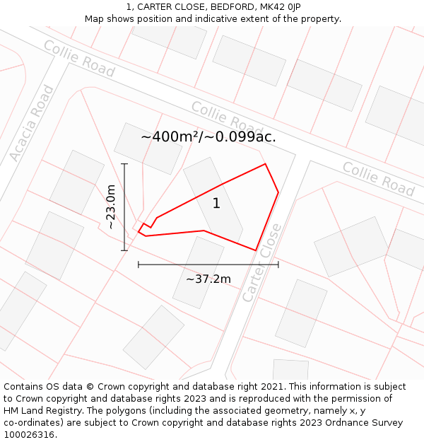 1, CARTER CLOSE, BEDFORD, MK42 0JP: Plot and title map