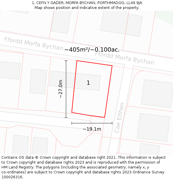 1, CEFN Y GADER, MORFA BYCHAN, PORTHMADOG, LL49 9JA: Plot and title map