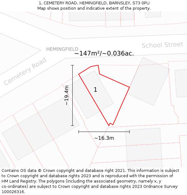 1, CEMETERY ROAD, HEMINGFIELD, BARNSLEY, S73 0PU: Plot and title map