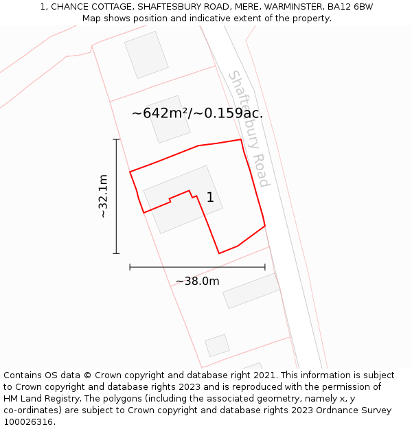 1, CHANCE COTTAGE, SHAFTESBURY ROAD, MERE, WARMINSTER, BA12 6BW: Plot and title map