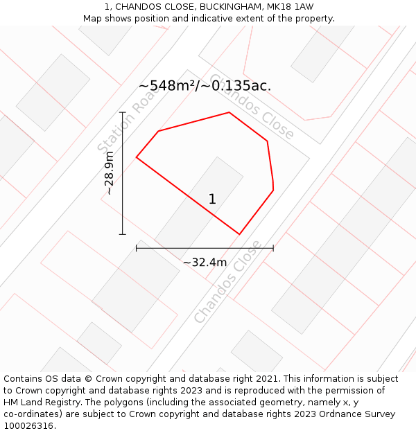 1, CHANDOS CLOSE, BUCKINGHAM, MK18 1AW: Plot and title map