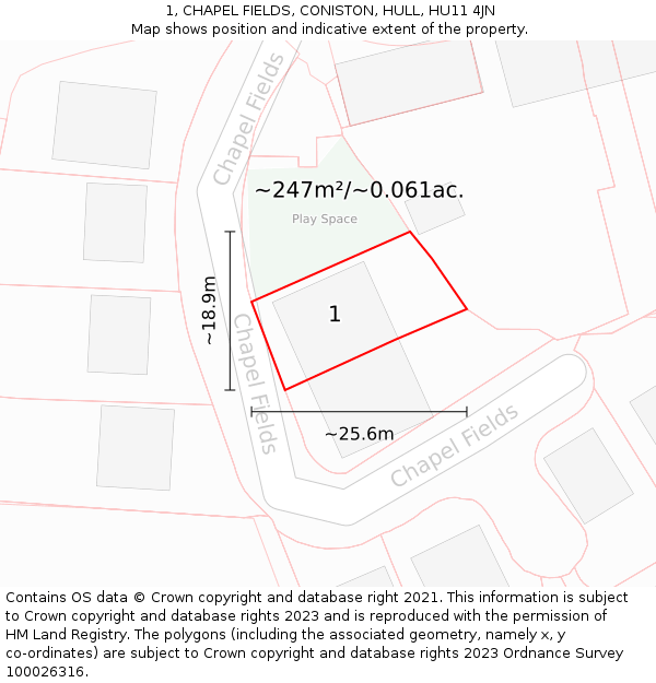 1, CHAPEL FIELDS, CONISTON, HULL, HU11 4JN: Plot and title map