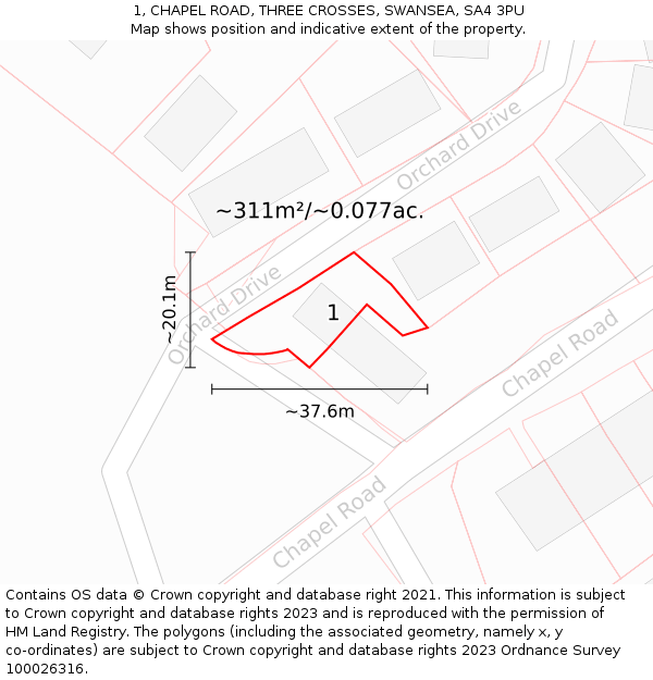 1, CHAPEL ROAD, THREE CROSSES, SWANSEA, SA4 3PU: Plot and title map