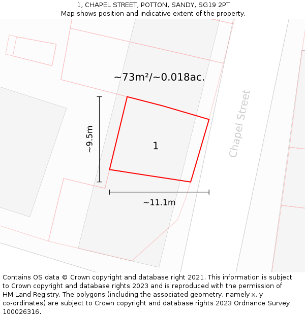 1, CHAPEL STREET, POTTON, SANDY, SG19 2PT: Plot and title map