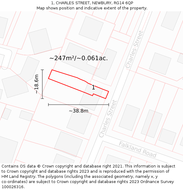 1, CHARLES STREET, NEWBURY, RG14 6QP: Plot and title map
