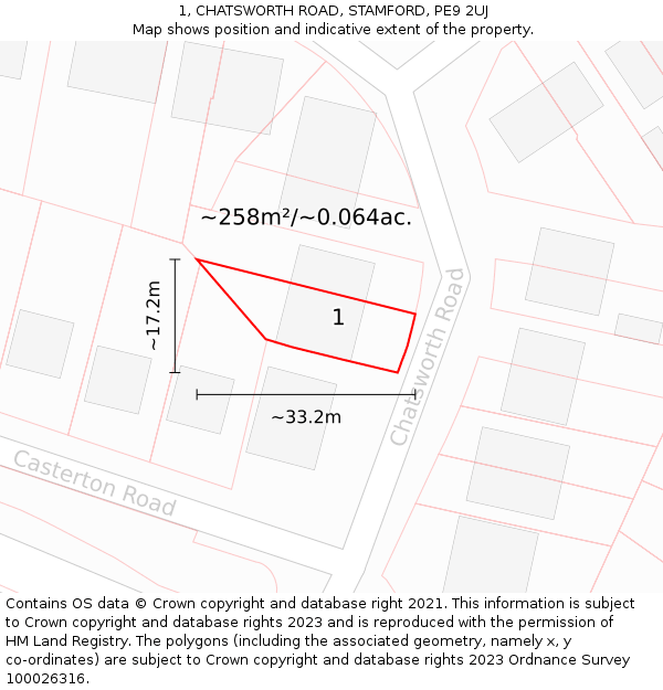 1, CHATSWORTH ROAD, STAMFORD, PE9 2UJ: Plot and title map