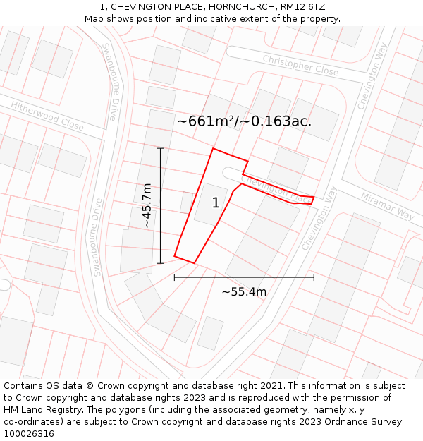 1, CHEVINGTON PLACE, HORNCHURCH, RM12 6TZ: Plot and title map