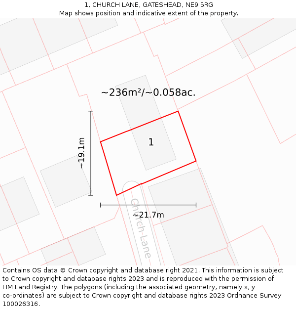 1, CHURCH LANE, GATESHEAD, NE9 5RG: Plot and title map