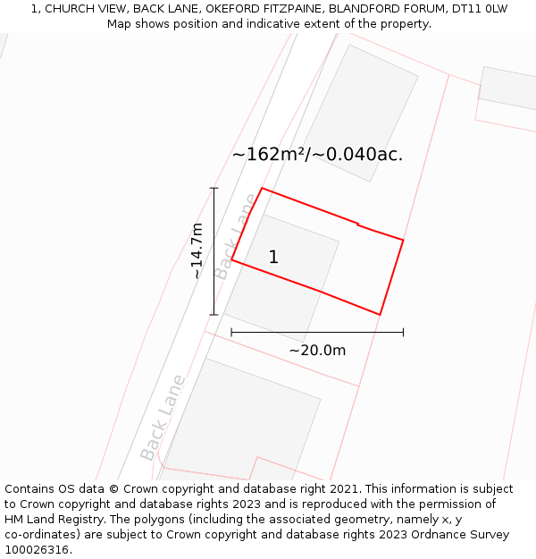 1, CHURCH VIEW, BACK LANE, OKEFORD FITZPAINE, BLANDFORD FORUM, DT11 0LW: Plot and title map