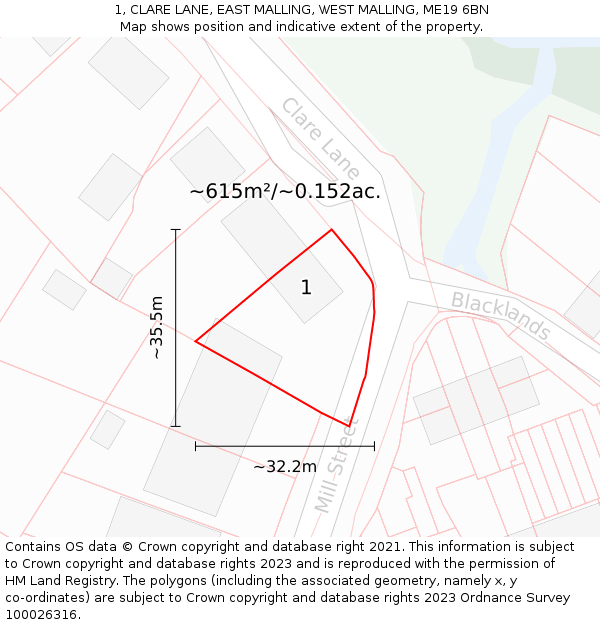 1, CLARE LANE, EAST MALLING, WEST MALLING, ME19 6BN: Plot and title map