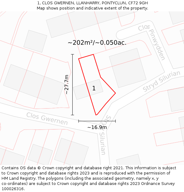 1, CLOS GWERNEN, LLANHARRY, PONTYCLUN, CF72 9GH: Plot and title map