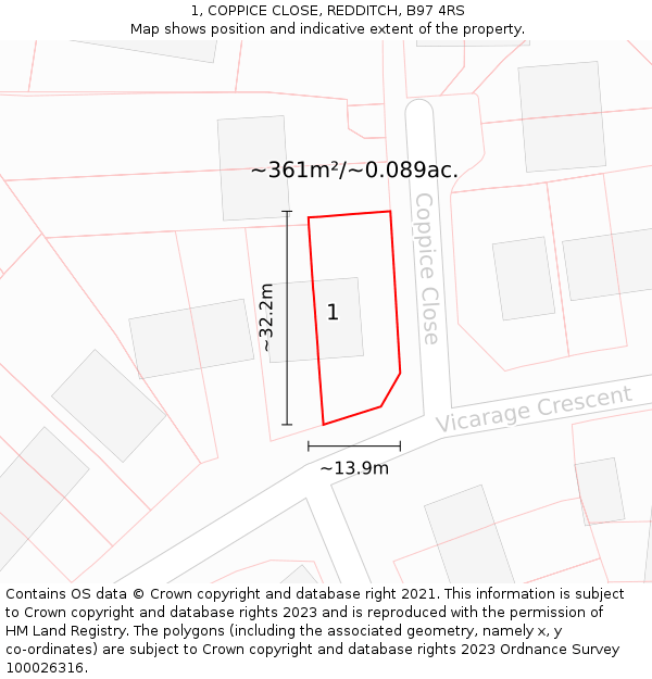 1, COPPICE CLOSE, REDDITCH, B97 4RS: Plot and title map