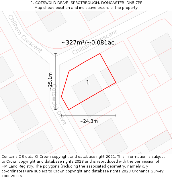 1, COTSWOLD DRIVE, SPROTBROUGH, DONCASTER, DN5 7PF: Plot and title map