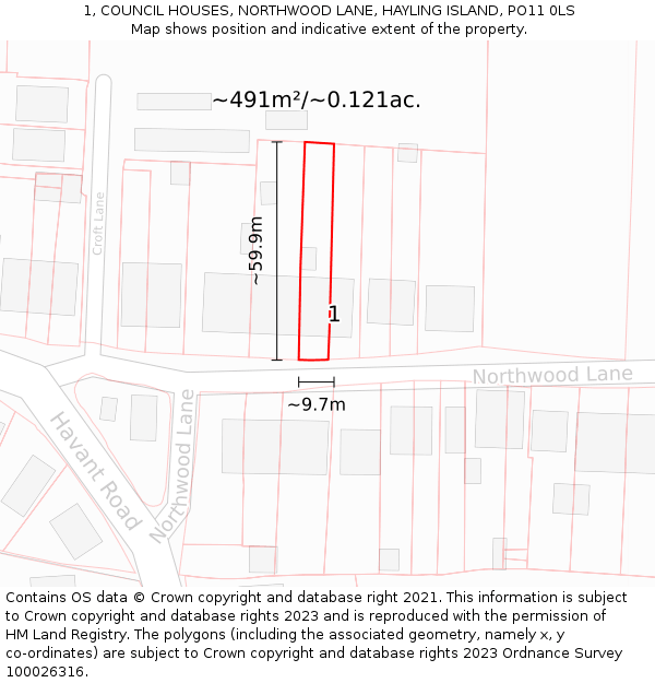 1, COUNCIL HOUSES, NORTHWOOD LANE, HAYLING ISLAND, PO11 0LS: Plot and title map