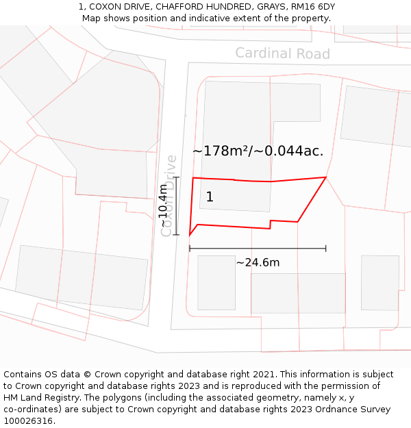 1, COXON DRIVE, CHAFFORD HUNDRED, GRAYS, RM16 6DY: Plot and title map