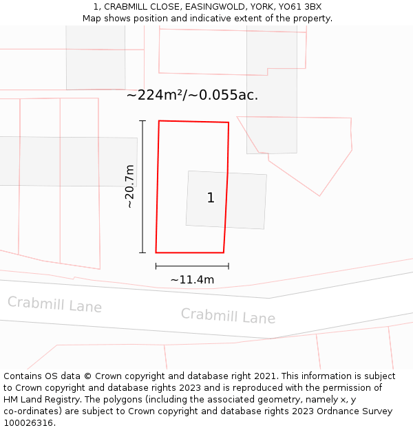 1, CRABMILL CLOSE, EASINGWOLD, YORK, YO61 3BX: Plot and title map