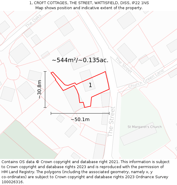 1, CROFT COTTAGES, THE STREET, WATTISFIELD, DISS, IP22 1NS: Plot and title map