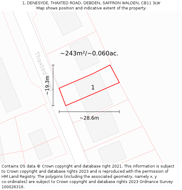 1, DENESYDE, THAXTED ROAD, DEBDEN, SAFFRON WALDEN, CB11 3LW: Plot and title map