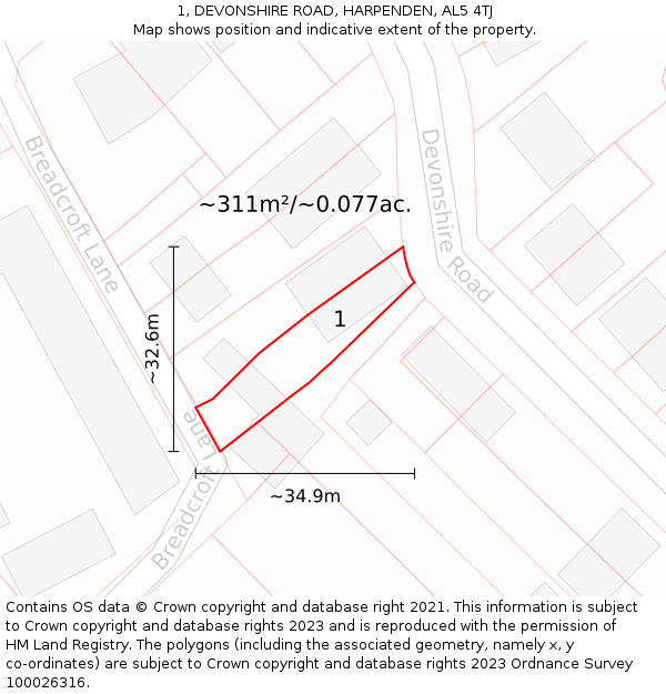 1, DEVONSHIRE ROAD, HARPENDEN, AL5 4TJ: Plot and title map