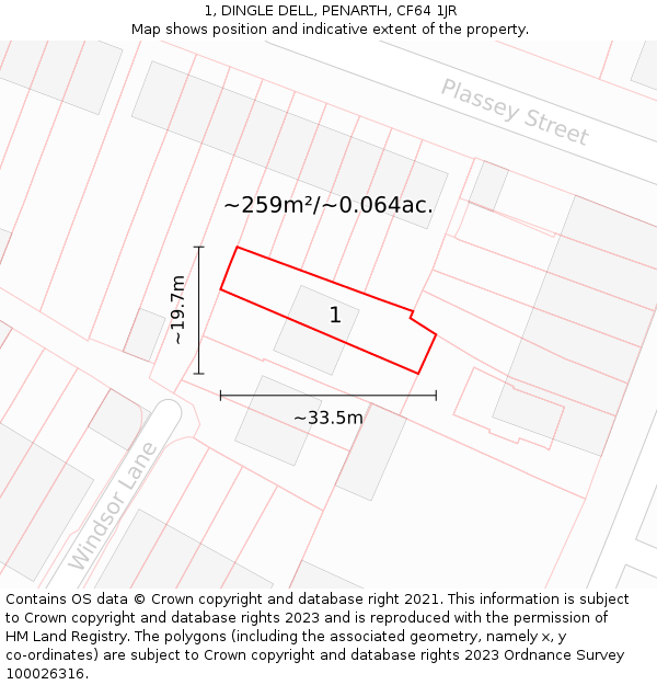 1, DINGLE DELL, PENARTH, CF64 1JR: Plot and title map