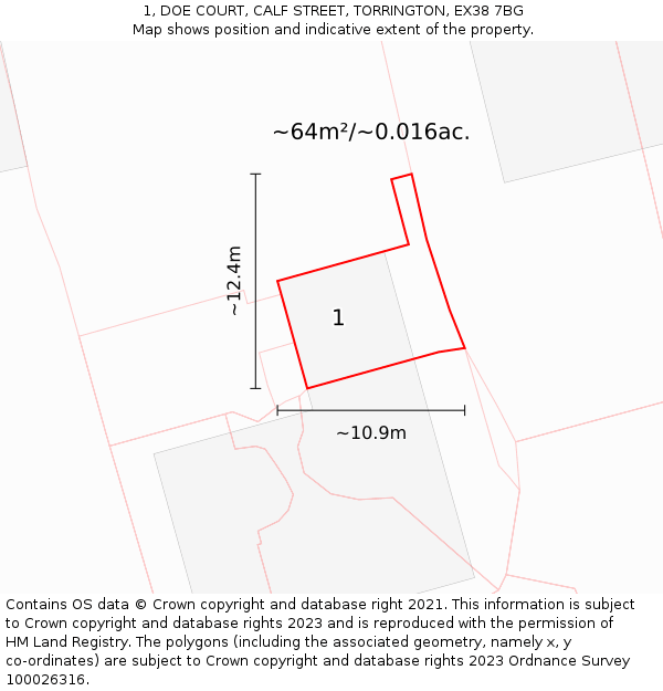 1, DOE COURT, CALF STREET, TORRINGTON, EX38 7BG: Plot and title map