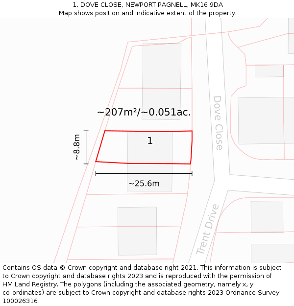 1, DOVE CLOSE, NEWPORT PAGNELL, MK16 9DA: Plot and title map