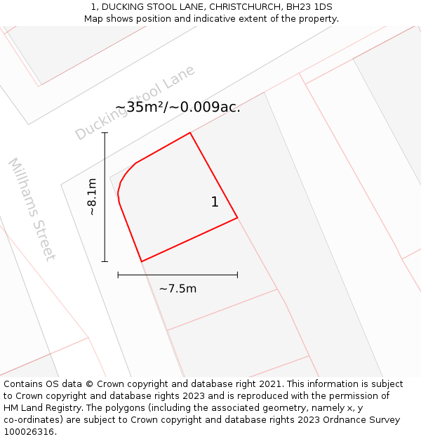 1, DUCKING STOOL LANE, CHRISTCHURCH, BH23 1DS: Plot and title map