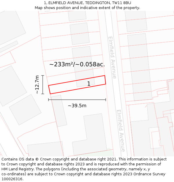 1, ELMFIELD AVENUE, TEDDINGTON, TW11 8BU: Plot and title map