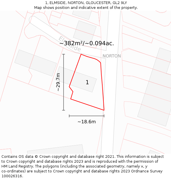 1, ELMSIDE, NORTON, GLOUCESTER, GL2 9LY: Plot and title map