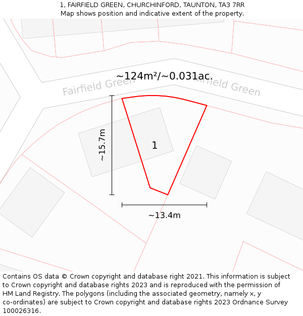 1, FAIRFIELD GREEN, CHURCHINFORD, TAUNTON, TA3 7RR: Plot and title map