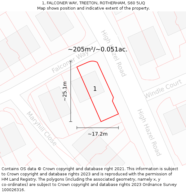 1, FALCONER WAY, TREETON, ROTHERHAM, S60 5UQ: Plot and title map