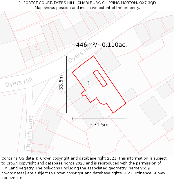 1, FOREST COURT, DYERS HILL, CHARLBURY, CHIPPING NORTON, OX7 3QD: Plot and title map