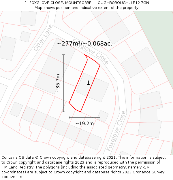 1, FOXGLOVE CLOSE, MOUNTSORREL, LOUGHBOROUGH, LE12 7GN: Plot and title map