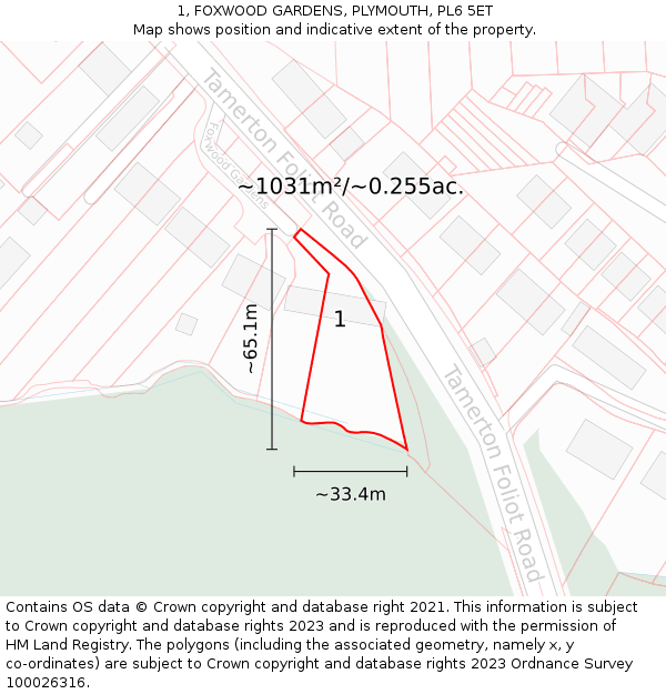 1, FOXWOOD GARDENS, PLYMOUTH, PL6 5ET: Plot and title map