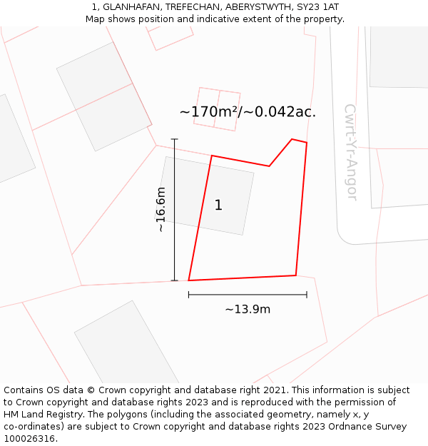 1, GLANHAFAN, TREFECHAN, ABERYSTWYTH, SY23 1AT: Plot and title map