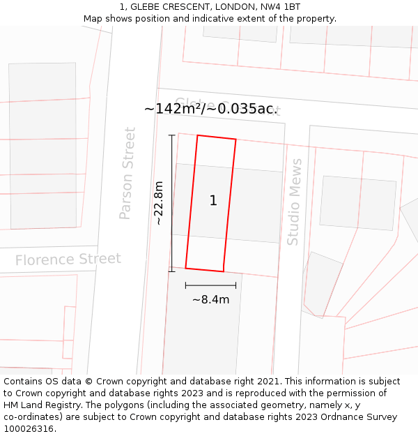 1, GLEBE CRESCENT, LONDON, NW4 1BT: Plot and title map