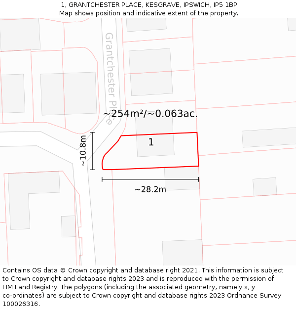 1, GRANTCHESTER PLACE, KESGRAVE, IPSWICH, IP5 1BP: Plot and title map