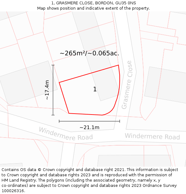 1, GRASMERE CLOSE, BORDON, GU35 0NS: Plot and title map