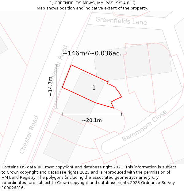 1, GREENFIELDS MEWS, MALPAS, SY14 8HQ: Plot and title map