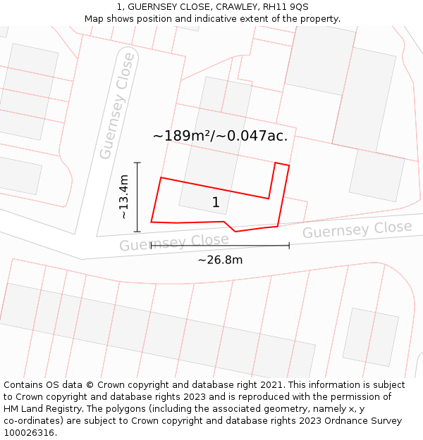 1, GUERNSEY CLOSE, CRAWLEY, RH11 9QS: Plot and title map