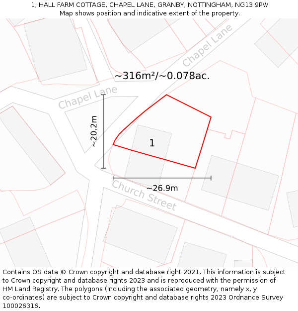 1, HALL FARM COTTAGE, CHAPEL LANE, GRANBY, NOTTINGHAM, NG13 9PW: Plot and title map