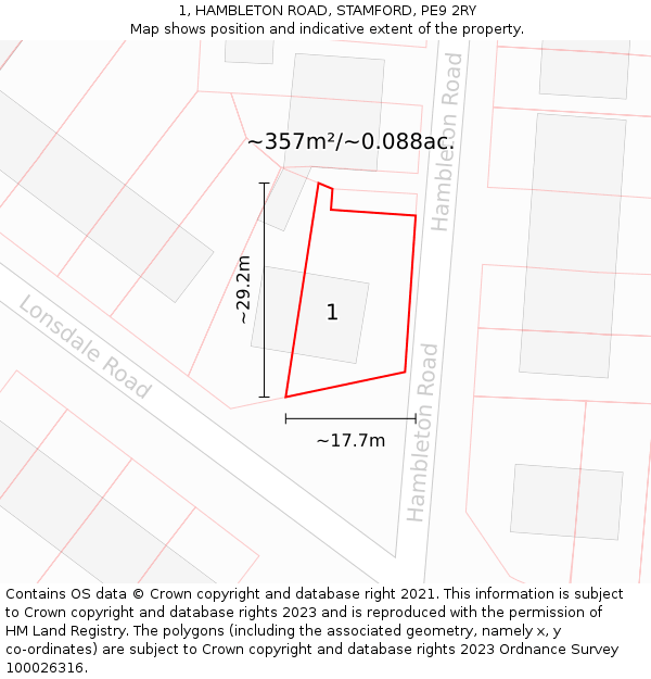 1, HAMBLETON ROAD, STAMFORD, PE9 2RY: Plot and title map