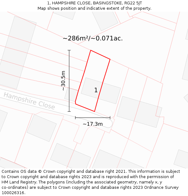 1, HAMPSHIRE CLOSE, BASINGSTOKE, RG22 5JT: Plot and title map