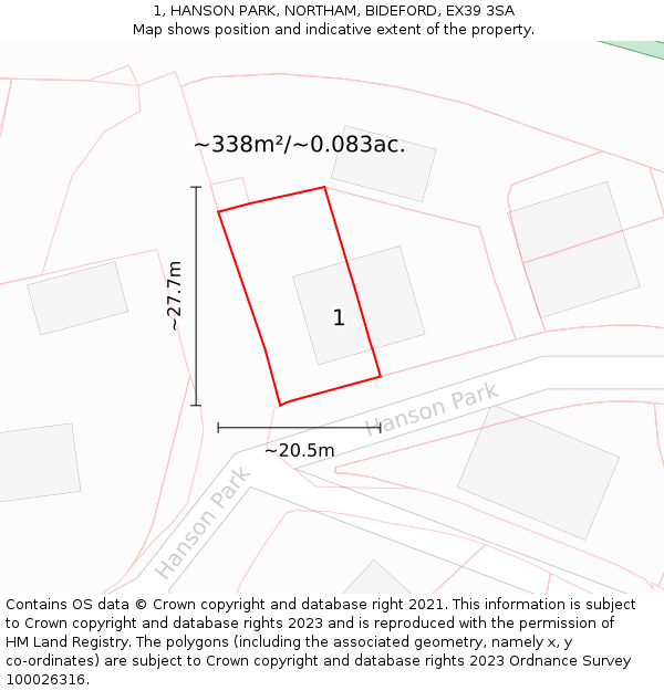 1, HANSON PARK, NORTHAM, BIDEFORD, EX39 3SA: Plot and title map