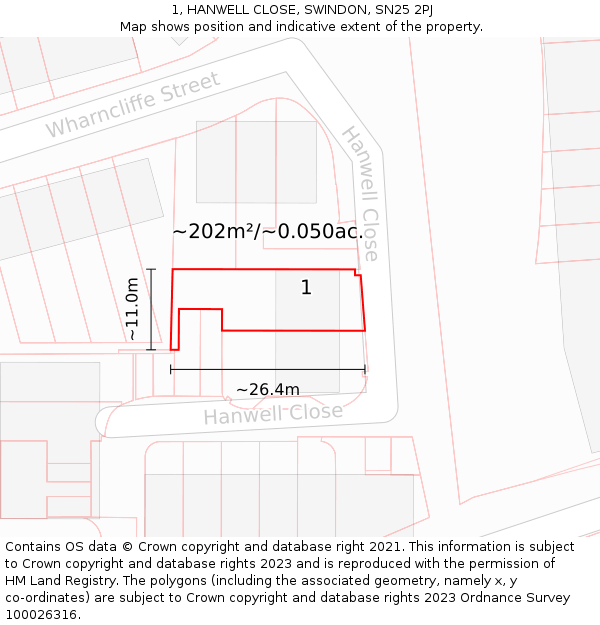 1, HANWELL CLOSE, SWINDON, SN25 2PJ: Plot and title map