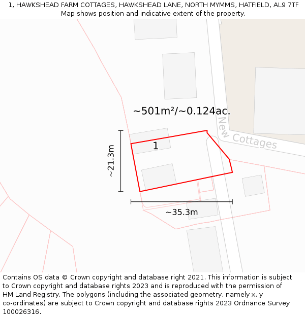 1, HAWKSHEAD FARM COTTAGES, HAWKSHEAD LANE, NORTH MYMMS, HATFIELD, AL9 7TF: Plot and title map