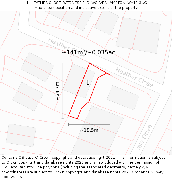 1, HEATHER CLOSE, WEDNESFIELD, WOLVERHAMPTON, WV11 3UG: Plot and title map